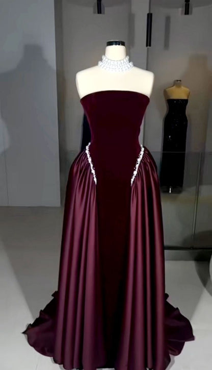 Classy A Line Strapless Pearl Dark Burgundy Velvet Satin Party Dress Wedding Guest Dress SH2923