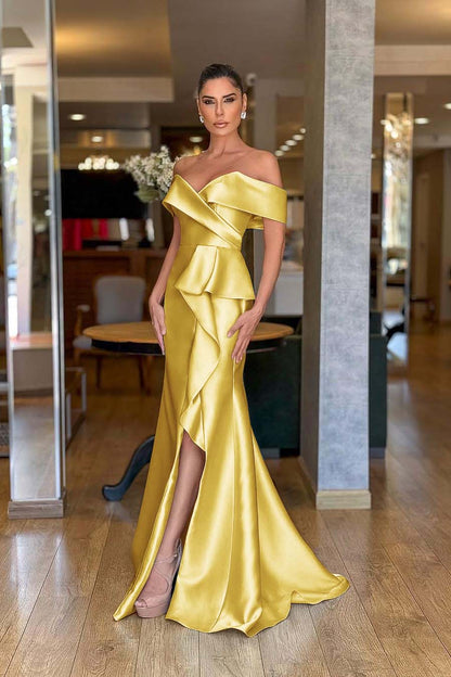 Chic Mint Green Satin Strapless Off the Shoulder Long Split Prom Dress with Ruffles | Zelldresses