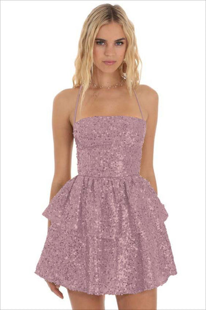 Champagne Sequins Halter Sleeveless Short Homecoming Dress with Ruffles HC0011