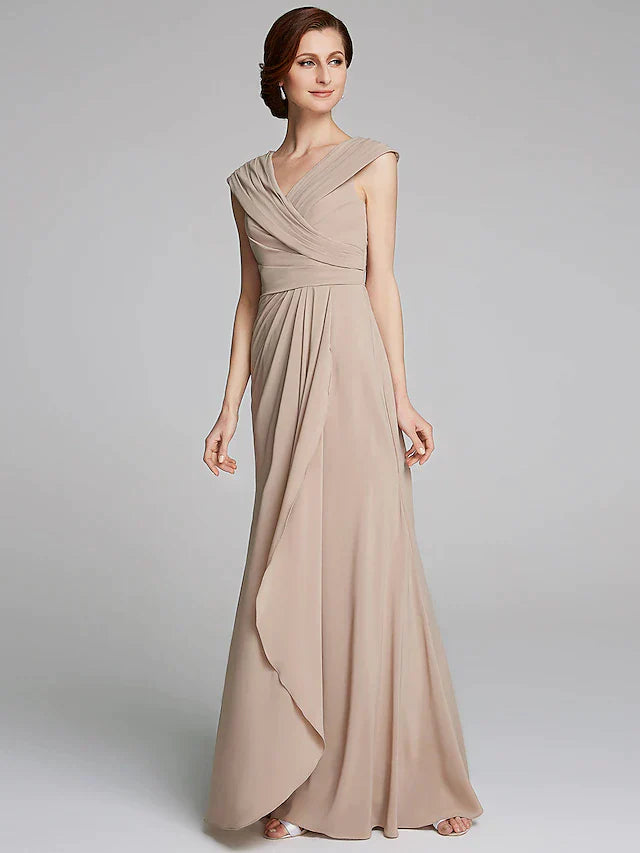 Sheath / Column Mother of the Bride Dress Elegant V Neck Floor Length Jersey Short Sleeve with Pleats