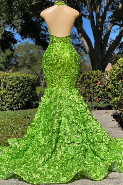 Green Prom Dress Halter Open Back Mermaid Sleeveless Dress With Flower Appliques YL0110