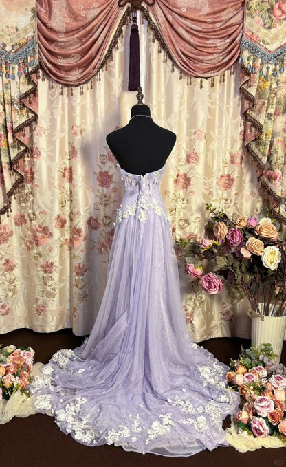 Lilac A Line Sweetheart Neck Beaded Satin Lace Prom Dresses Long Evening Party Dress SH2708