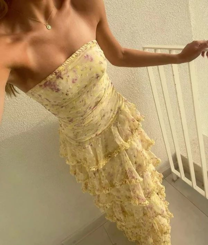 Strapless Yellow Chiffon Floral Long Prom Dresses Party Dress 22th Birthday Outfits Graduation Dress cg26097