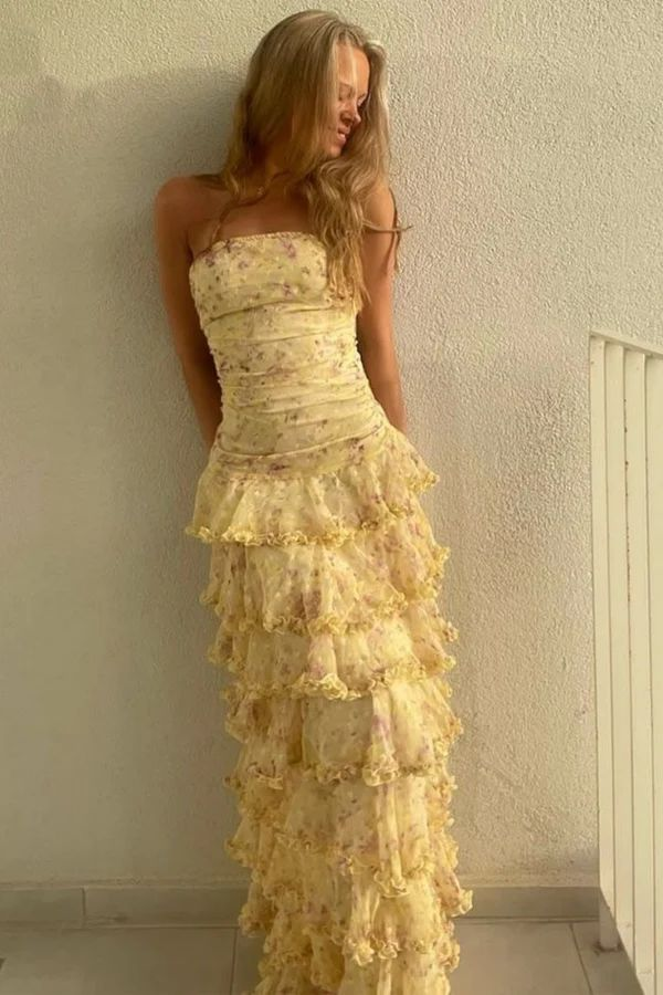 Strapless Yellow Chiffon Floral Long Prom Dresses Party Dress 22th Birthday Outfits Graduation Dress cg26097