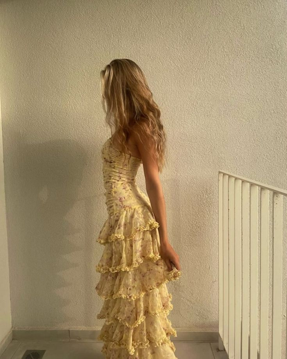 Strapless Yellow Chiffon Floral Long Prom Dresses Party Dress 22th Birthday Outfits Graduation Dress cg26097