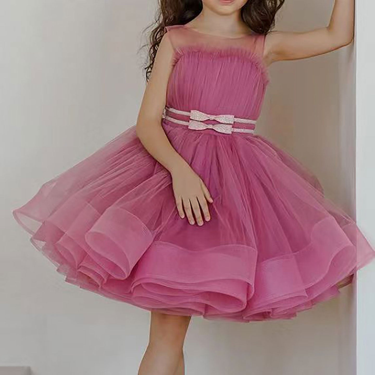 Pretty Fuchsia Flower Girl Dress Bow Toddler Birthday Party Gown D121