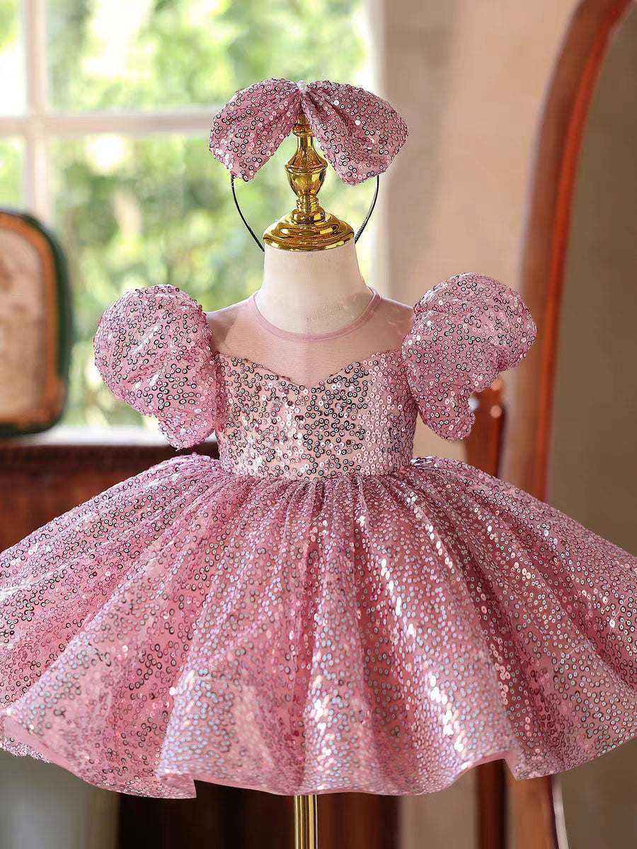 Sparkly Pink Sequin Flower Girl Dress Princess Birthday Party Gown D187