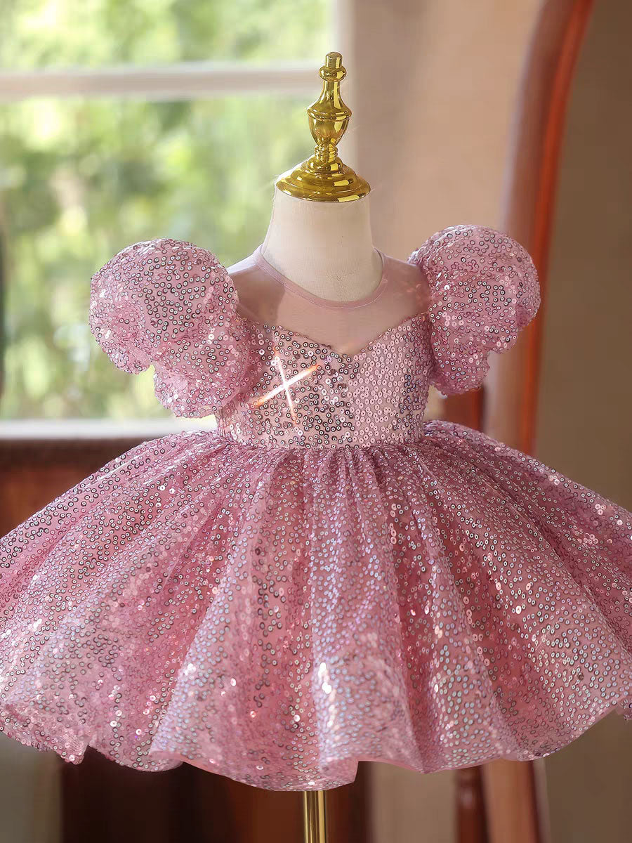 Sparkly Pink Sequin Flower Girl Dress Princess Birthday Party Gown D187