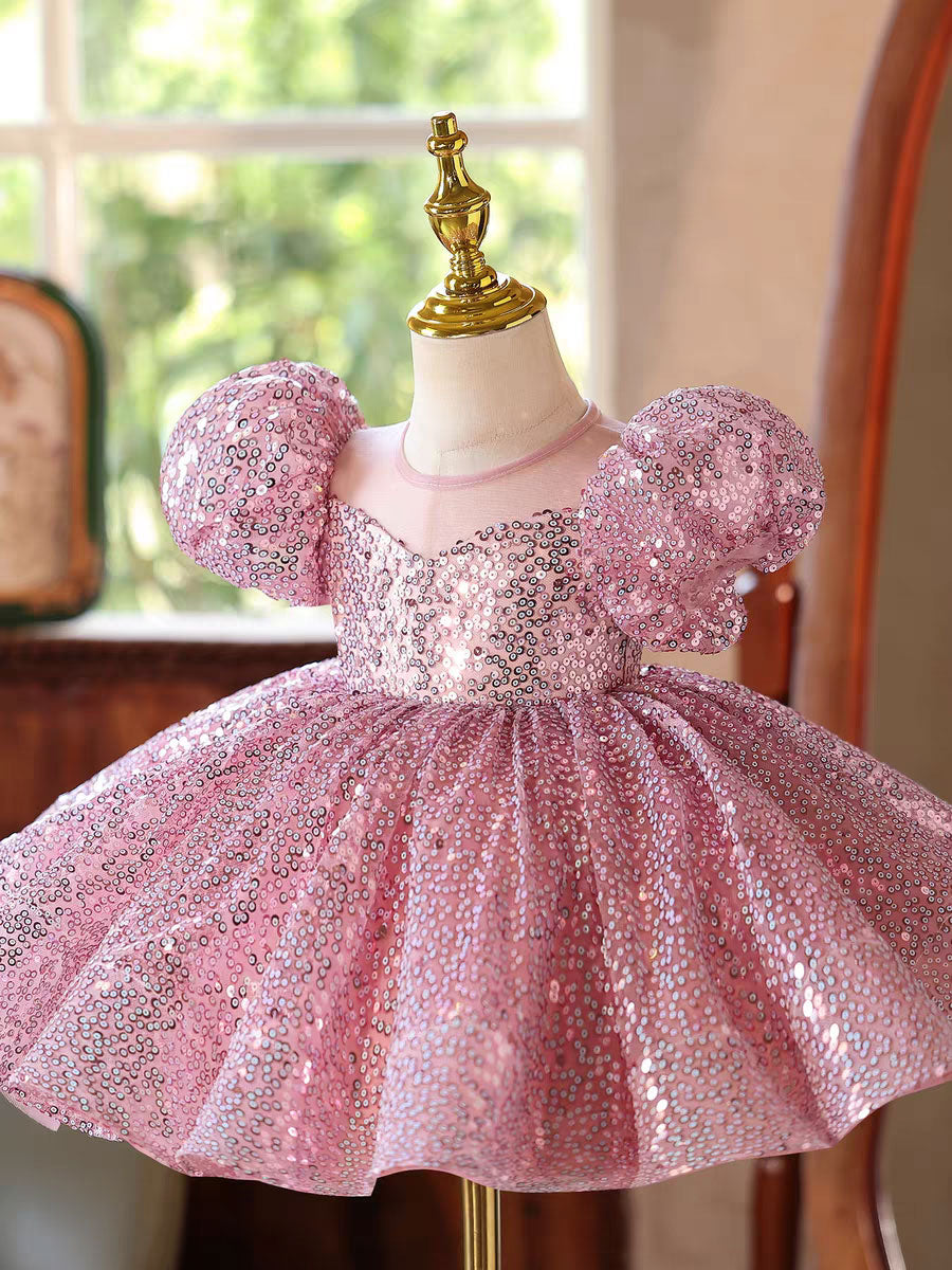 Sparkly Pink Sequin Flower Girl Dress Princess Birthday Party Gown D187