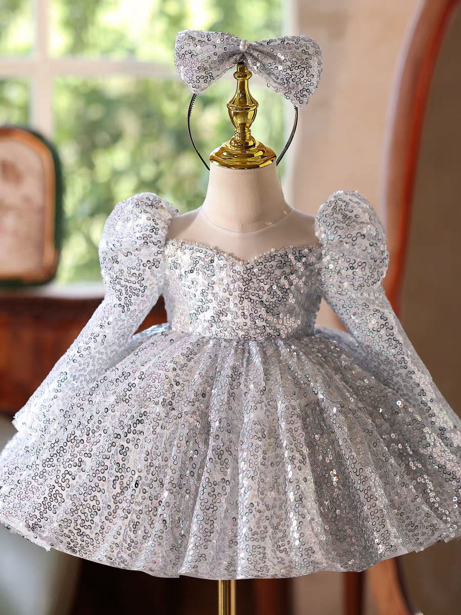Luxury Silver Sequin Girl Dress Princess Birthday Party Gown D185
