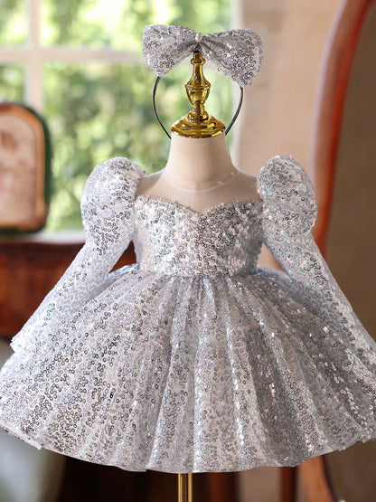 Luxury Silver Sequin Girl Dress Princess Birthday Party Gown D185