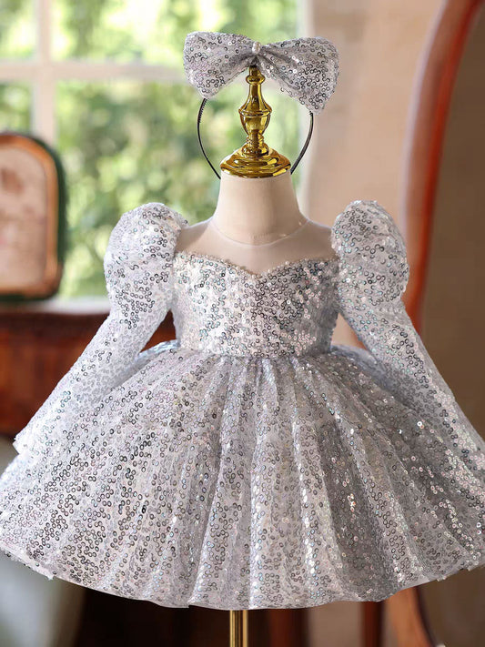 Luxury Silver Sequin Girl Dress Princess Birthday Party Gown D185