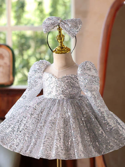 Luxury Silver Sequin Girl Dress Princess Birthday Party Gown D185
