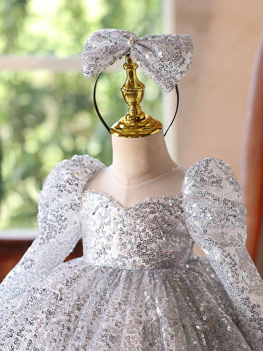 Luxury Silver Sequin Girl Dress Princess Birthday Party Gown D185