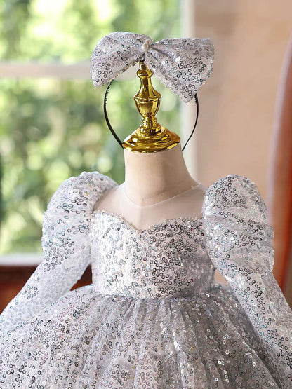Luxury Silver Sequin Girl Dress Princess Birthday Party Gown D185