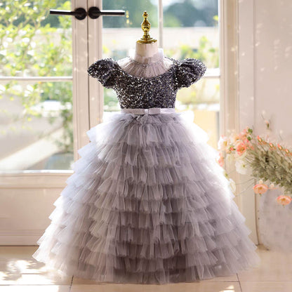 Elegant Gray Sequin Flower Girl Dress Princess Birthday Party Gown D184