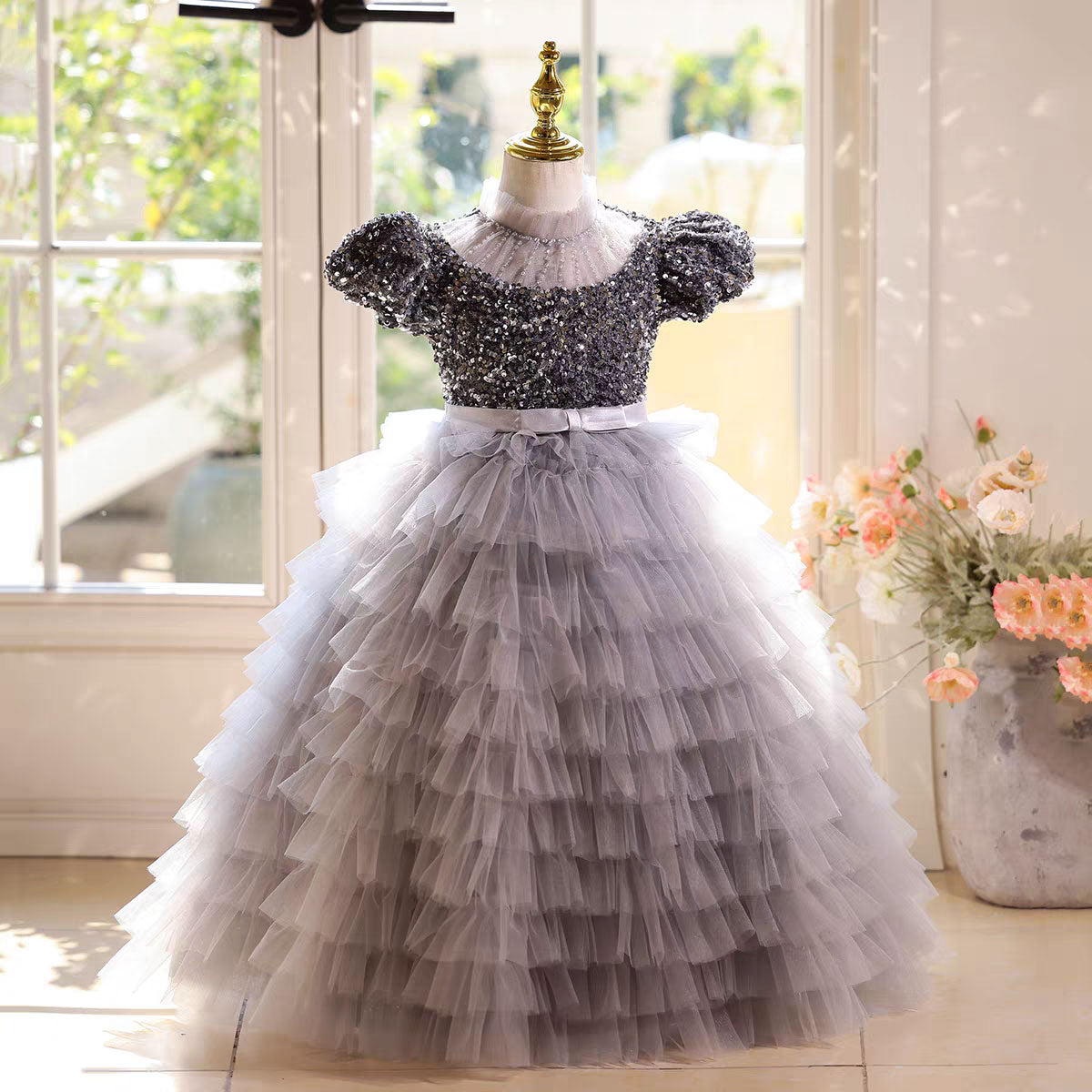 Elegant Gray Sequin Flower Girl Dress Princess Birthday Party Gown D184
