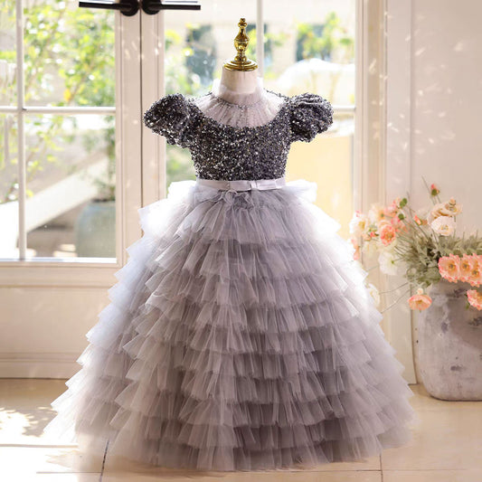 Elegant Gray Sequin Flower Girl Dress Princess Birthday Party Gown D184