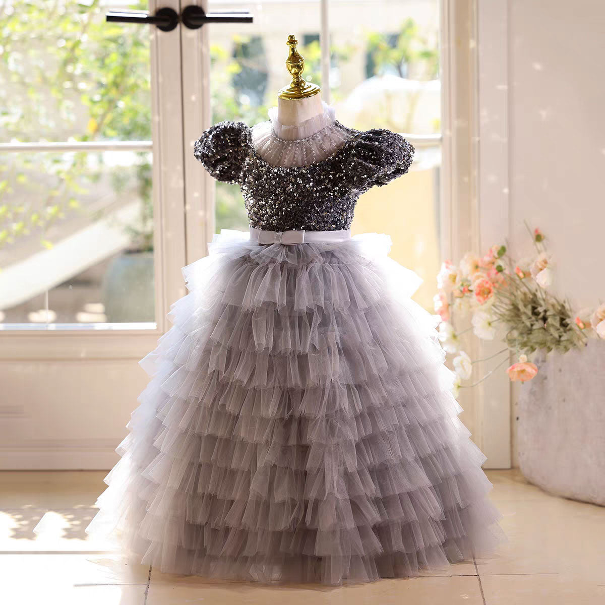 Elegant Gray Sequin Flower Girl Dress Princess Birthday Party Gown D184
