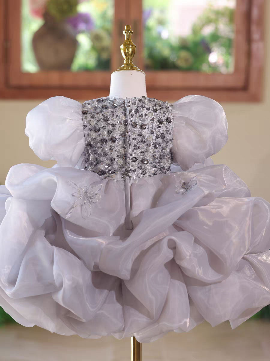 Luxury Gray Tulle Flower Girl Dress Birthday & Wedding Gown D166
