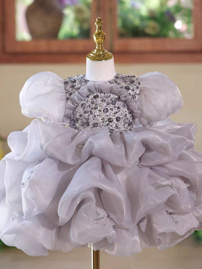 Luxury Gray Tulle Flower Girl Dress Birthday & Wedding Gown D166