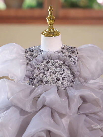 Luxury Gray Tulle Flower Girl Dress Birthday & Wedding Gown D166