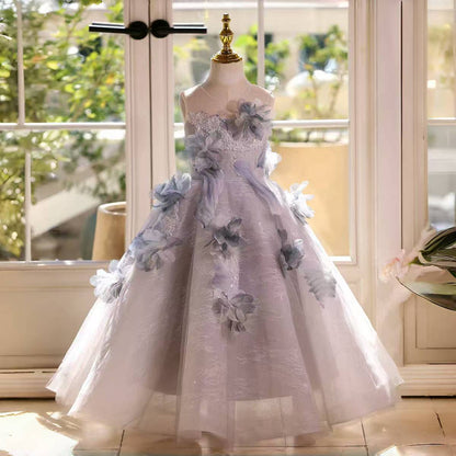 Fairy Sage Green Flower Girl Dress with 3D Floral Appliqués D009
