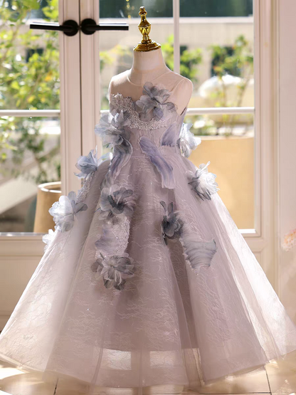 Fairy Sage Green Flower Girl Dress with 3D Floral Appliqués D009