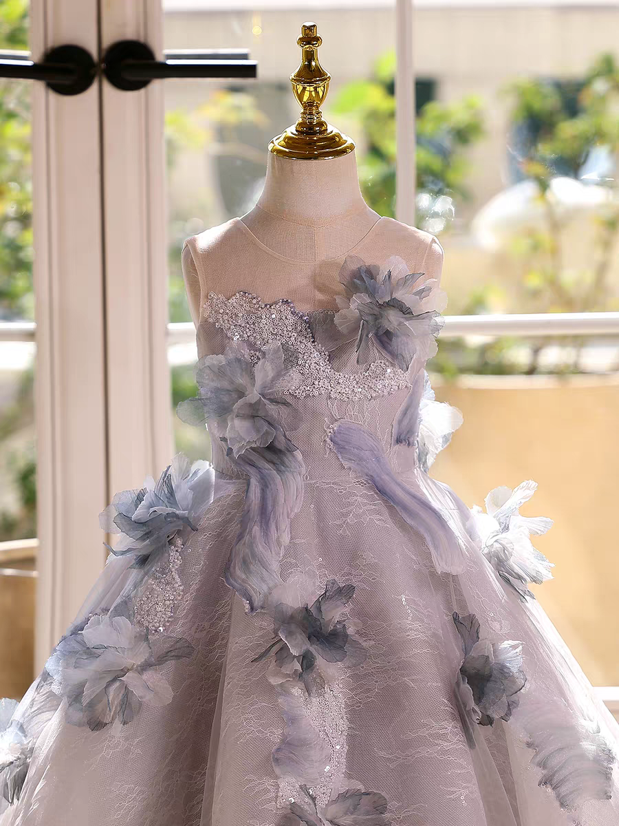 Fairy Sage Green Flower Girl Dress with 3D Floral Appliqués D009