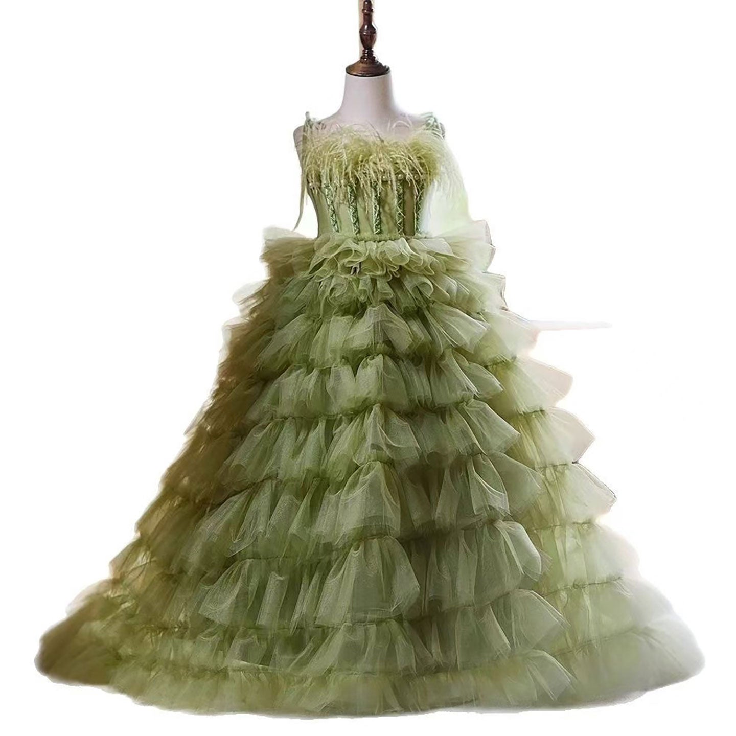 Green Tulle Flower Girl Dress with Feather Birthday Party Prom D127