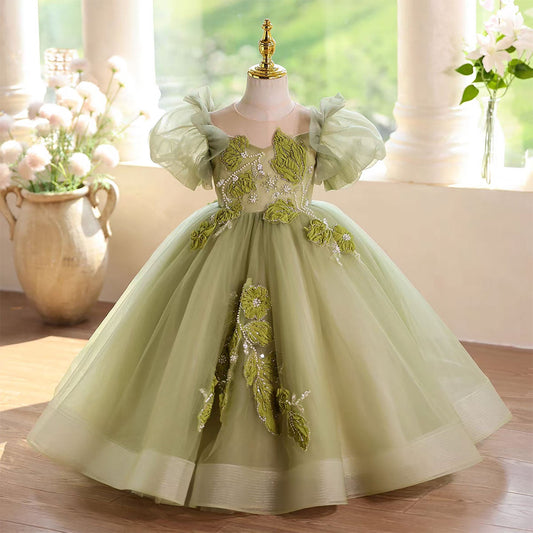 Forest Inspired Tulle Flower Girl Dress with 3D Embroidery D123