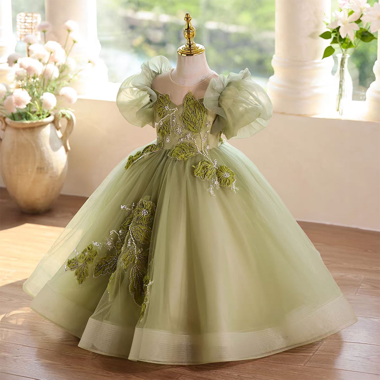 Forest Inspired Tulle Flower Girl Dress with 3D Embroidery D123