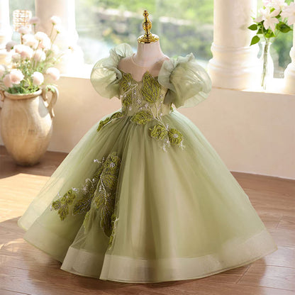 Forest Inspired Tulle Flower Girl Dress with 3D Embroidery D123