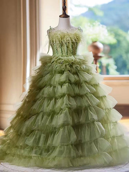 Green Tulle Flower Girl Dress with Feather Birthday Party Prom D127