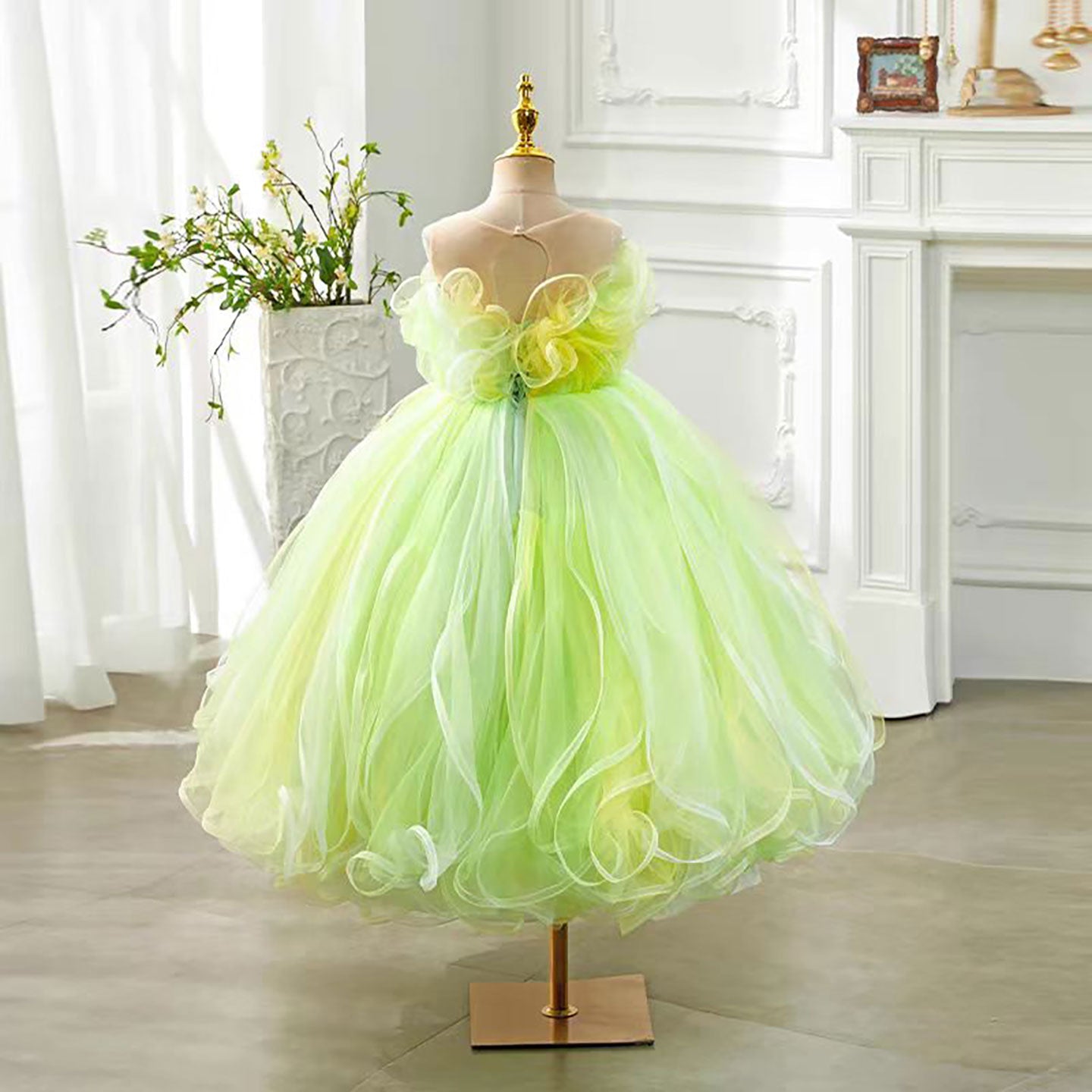 Green Ruffled Tulle Flower Girl Dress Wedding Birthday Party Prom D126