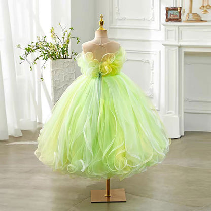 Green Ruffled Tulle Flower Girl Dress Wedding Birthday Party Prom D126