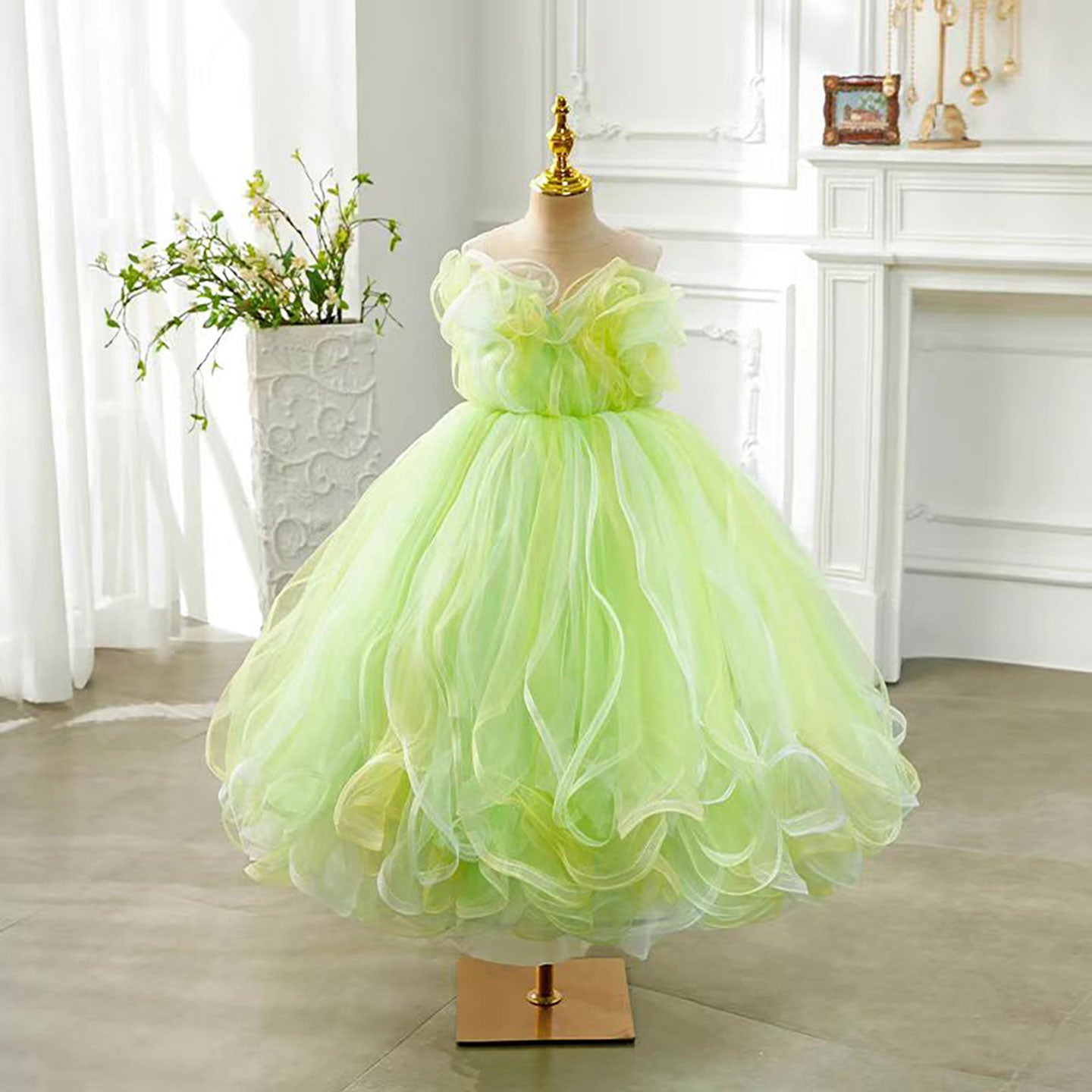 Green Ruffled Tulle Flower Girl Dress Wedding Birthday Party Prom D126