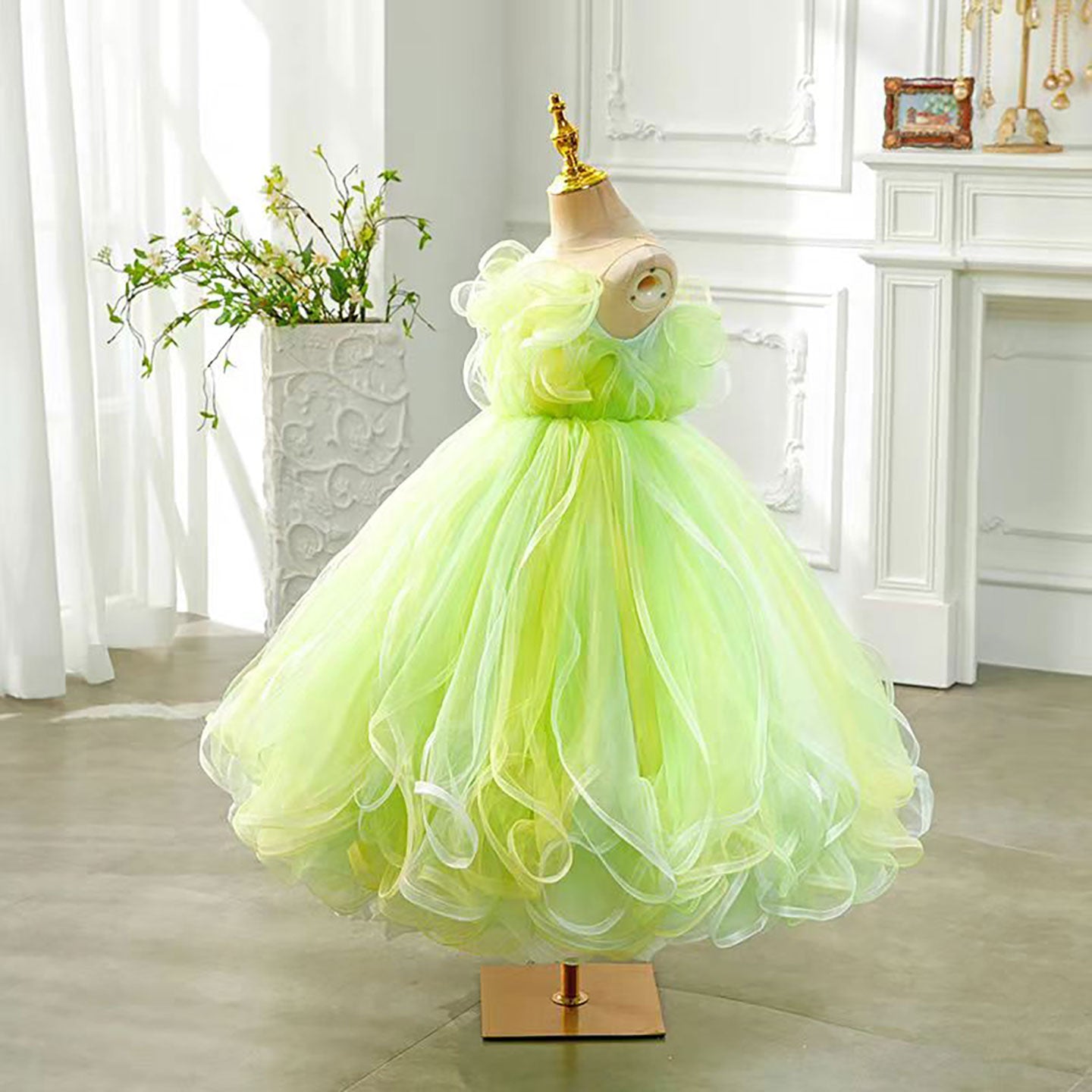Green Ruffled Tulle Flower Girl Dress Wedding Birthday Party Prom D126