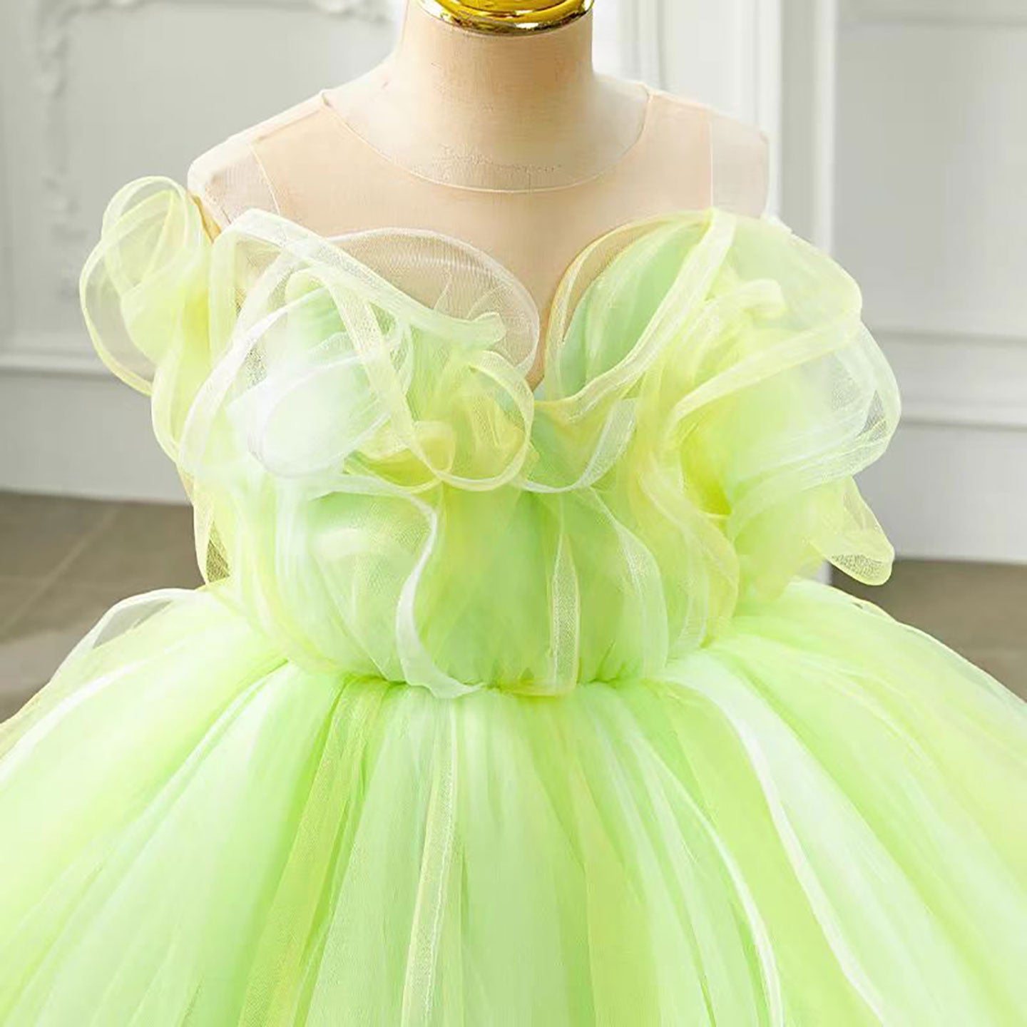 Green Ruffled Tulle Flower Girl Dress Wedding Birthday Party Prom D126