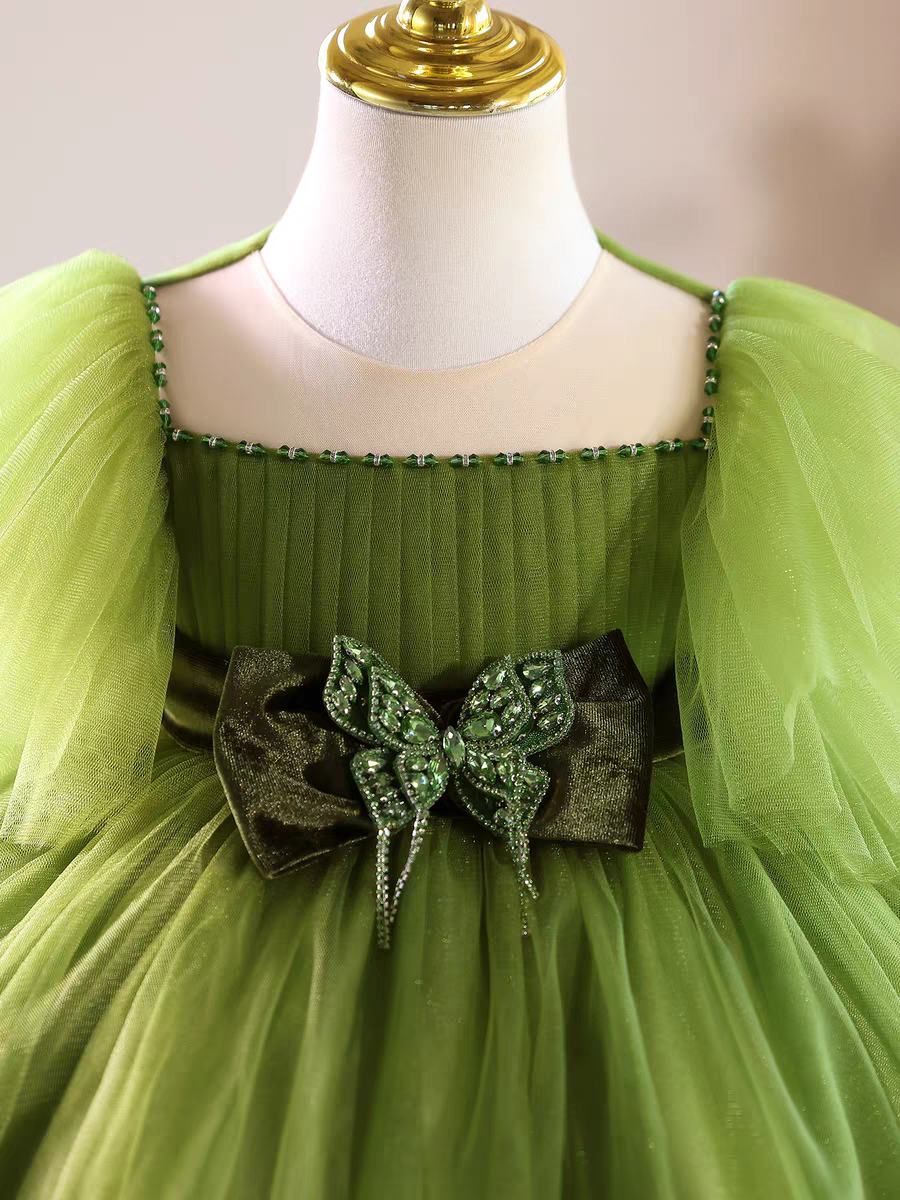 Green Knee Length Flower Girl Dress for Party and Wedding D149