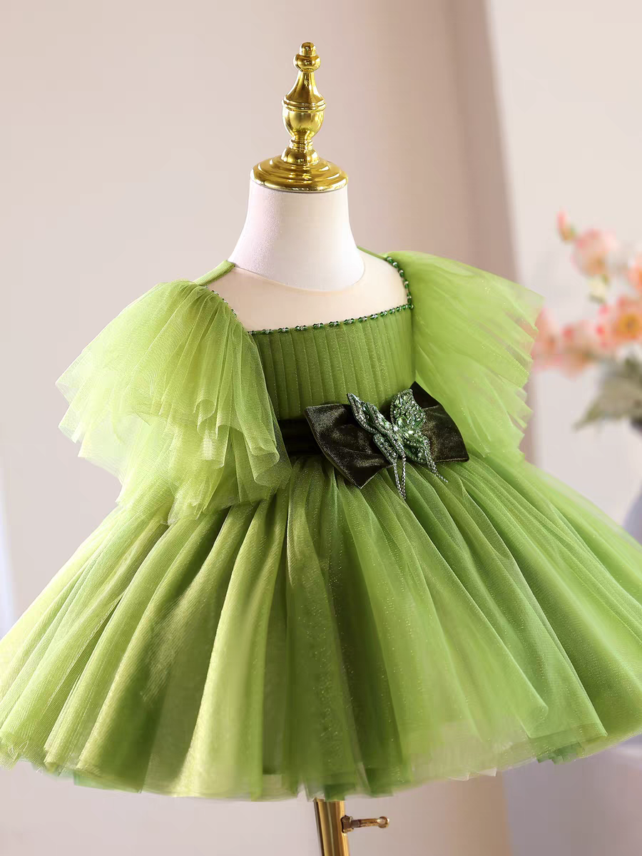 Green Knee Length Flower Girl Dress for Party and Wedding D149