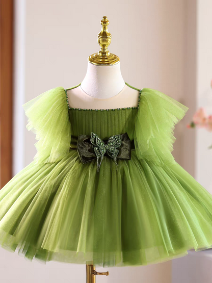 Green Knee Length Flower Girl Dress for Party and Wedding D149