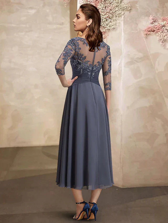 A-Line Mother of the Bride Dress Plus Size Elegant Jewel Neck Tea Length Chiffon Lace Short Sleeve with Ruched Sequin Appliques