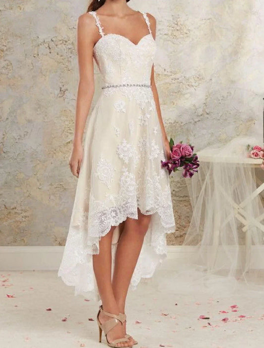 Bridal Shower Little White Dresses Boho Wedding Dresses A-Line Sweetheart Regular Straps Asymmetrical Lace Bridal Gowns With Lace Appliques