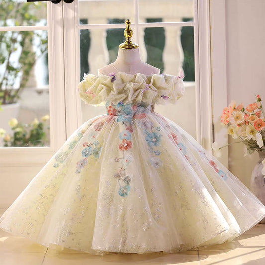 Fairytale Yellow Flower Girl Dress with 3D Floral Appliqués D124