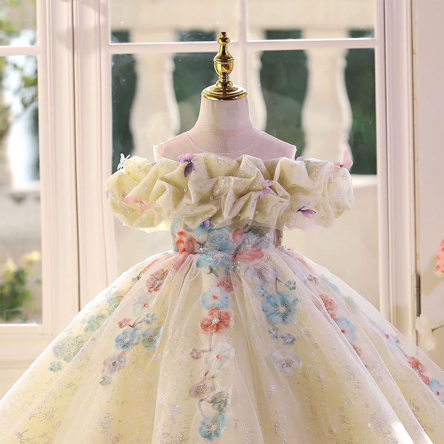 Fairytale Yellow Flower Girl Dress with 3D Floral Appliqués D124