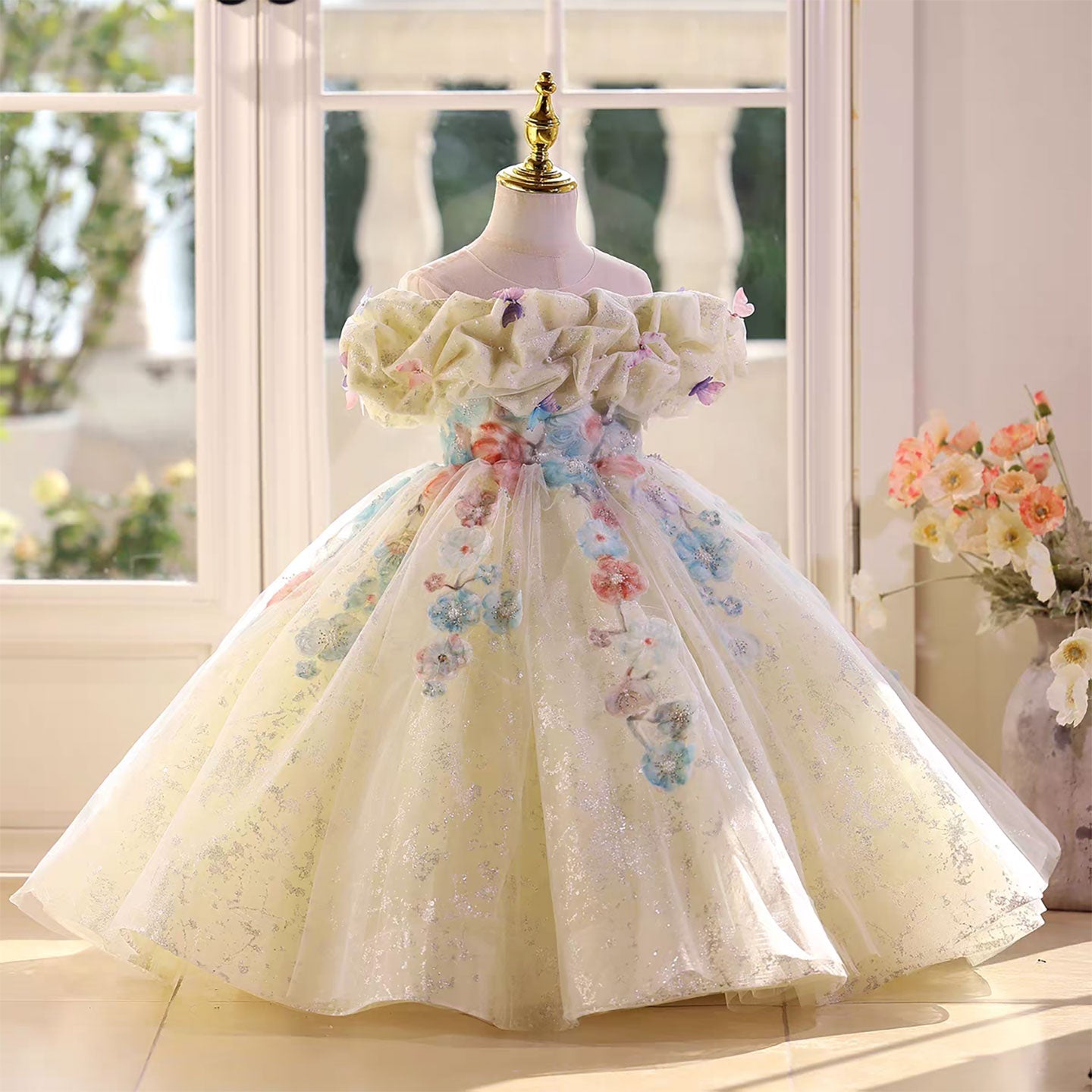 Fairytale Yellow Flower Girl Dress with 3D Floral Appliqués D124