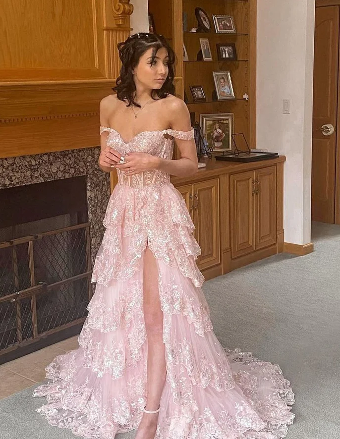 Princess Pink Prom Dress with Train,Long Formal Dresses Graduation
