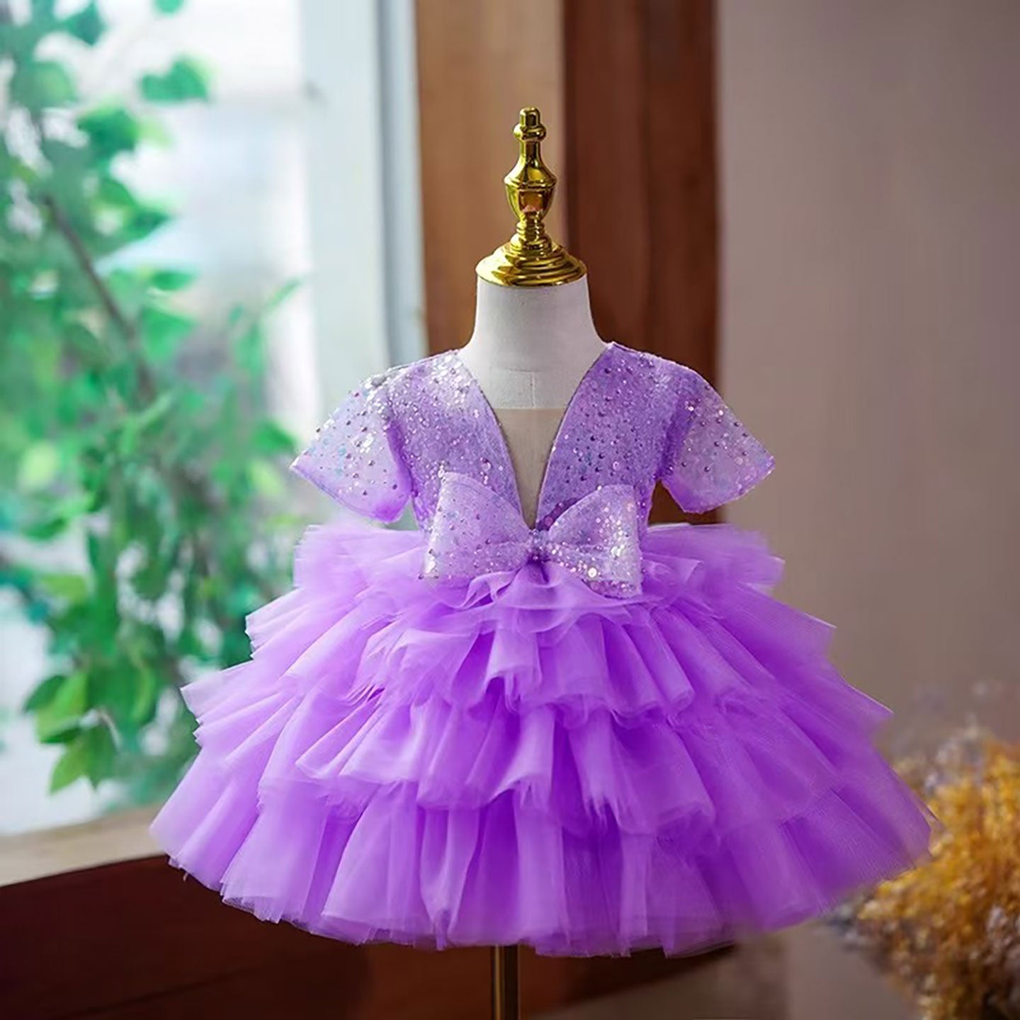 Lilac Flower Girl Dress Layered Tulle for Birthday Keen Length D120