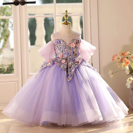 Elegant Lilac Flower Girl Dress with Embellished Bodice Floor Length D125